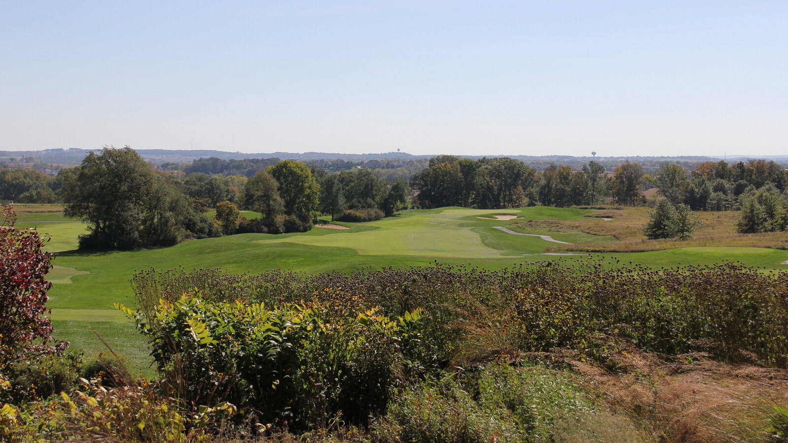 Bright green golf course with shrubs in the foreground, trees in the background, and a hazy blue sky.