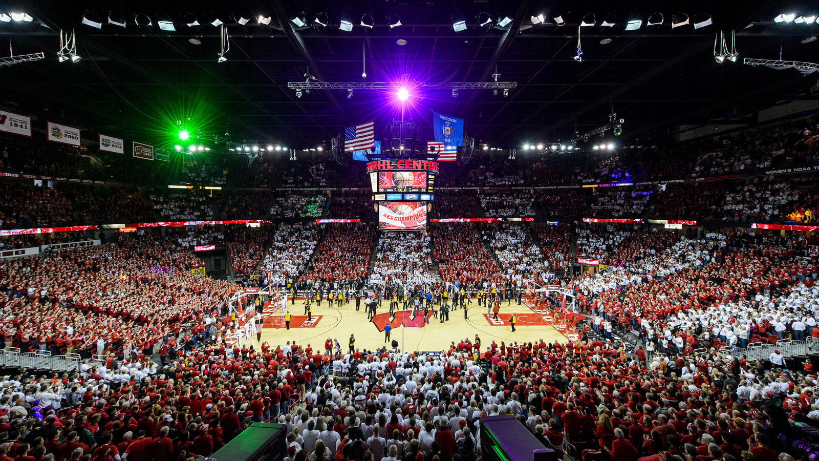 Wide shot at the Kohl Center during a celebration of men's basketball Big 10 Championship event.